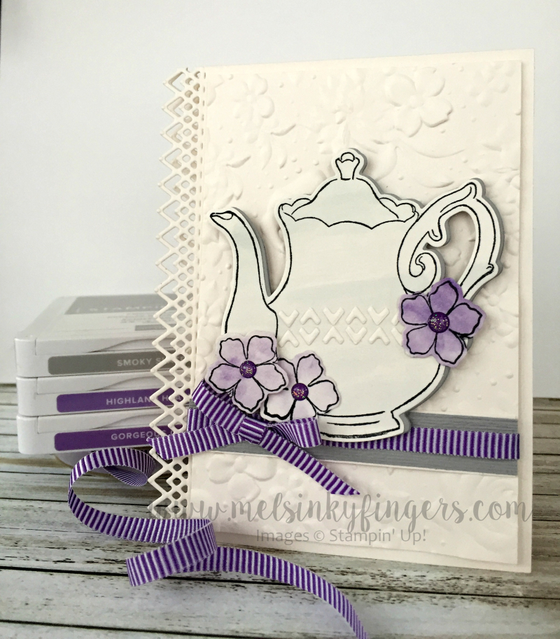 Tea Together stamp set with the FREE Sale-A-Bration Tea Time framelit dies and Country Floral embossing folder.  The Delicate Lace edgelit dies add a gorgeous edge detail!