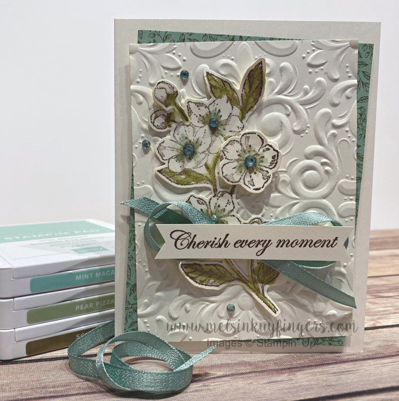 March 2020 Color Fusers using Parisian Blossoms stamp set, Cherry Blossom dies, and the Parisian Flourish Embossing Folder