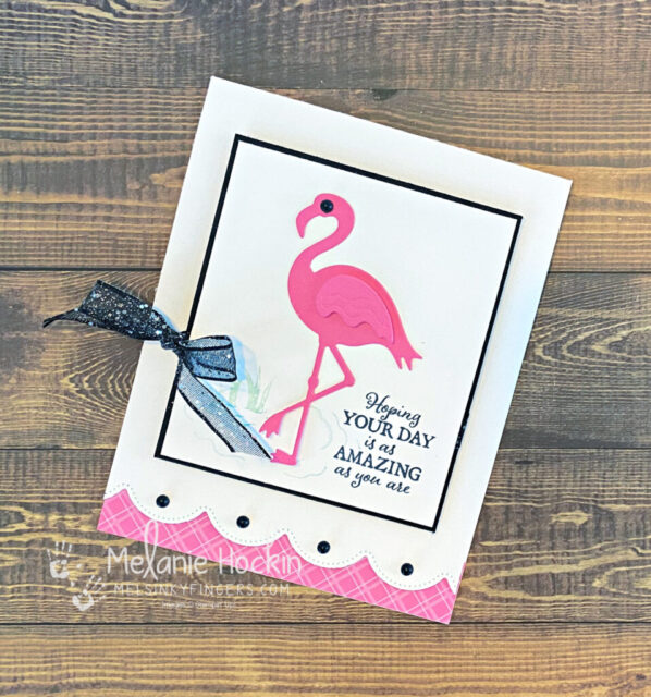Friday Focus Friendly Flamingo bundle meets Polished Pink using 2021-2023 In Colors and Scalloped Contour Dies with Forever Greenery Designer Series Paper and Trim Combo Pack.  Cards designed by Melanie Hockin of Mel's Inky Fingers.