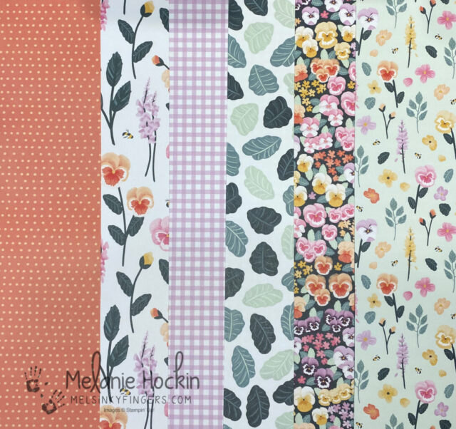 Pansy Petals designer series paper featuring the 2021-2023 In Colors from the 2021 Annual Catalog.  Used to create cards designed by Melanie Hockin of Mel's Inky Fingers.