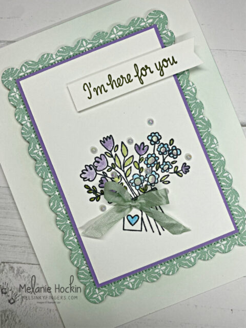 Here for You card made from the Speedy Recovery stamp set, watercolored for pops of color and layered with a scalloped contour die for the August 2022 Color Fusers Blog Hop. Card designed by Melanie Hockin of Mel's Inky Fingers.