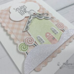 Sweet Gingerbread card created with the Sweet Gingerbread stamp set and Gingerbread House dies, scalloped contour dies, Tea Boutique designer series paper, and white glimmer paper. Card designed by Melanie Hockin of Mel